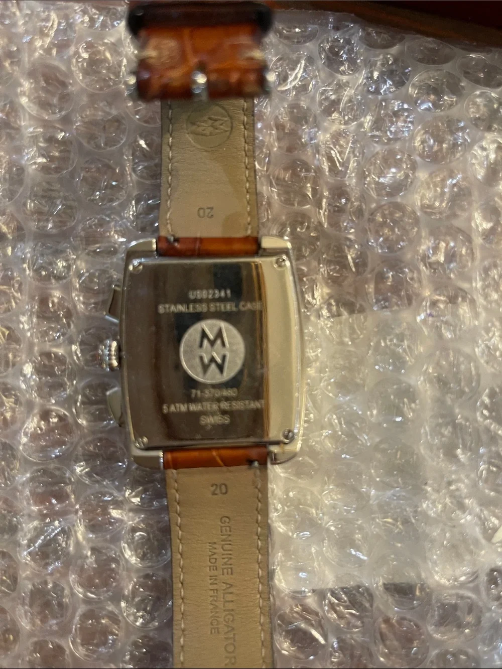 NWT Michele Urban Chronograph Brown Leather Strap Stainless Watch with White Dia